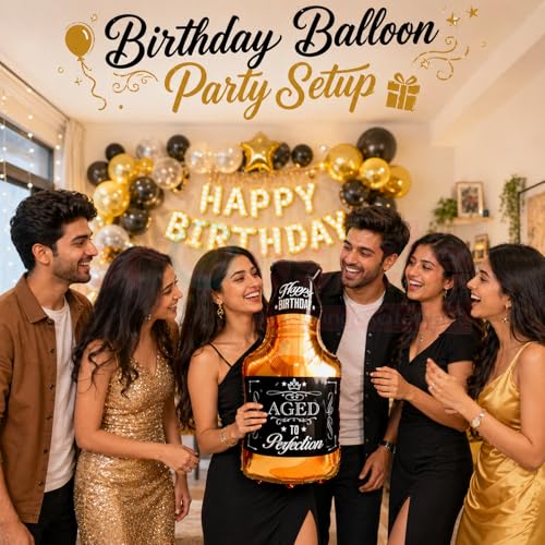 Propsicle 39 Inch Aged To Perfection Whisky Bottle Foil Balloon for Adult Birthday Decoration | Whiskey Theme Helium Party Prop | Air Helium Supported Black Gold Bottle Shape Pack of 1 - Image 5