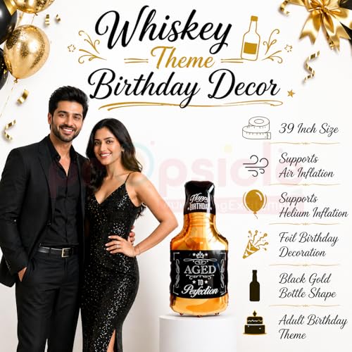 Propsicle 39 Inch Aged To Perfection Whisky Bottle Foil Balloon for Adult Birthday Decoration | Whiskey Theme Helium Party Prop | Air Helium Supported Black Gold Bottle Shape Pack of 1 - Image 2
