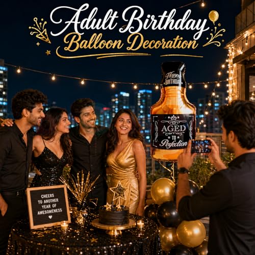 Propsicle 39 Inch Aged To Perfection Whisky Bottle Foil Balloon for Adult Birthday Decoration | Whiskey Theme Helium Party Prop | Air Helium Supported Black Gold Bottle Shape Pack of 1 - Image 4