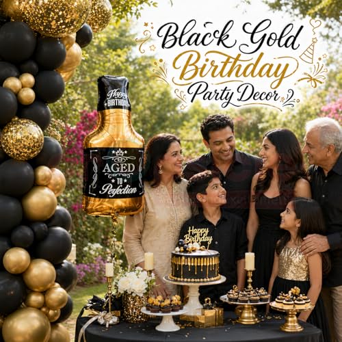 Propsicle 39 Inch Aged To Perfection Whisky Bottle Foil Balloon for Adult Birthday Decoration | Whiskey Theme Helium Party Prop | Air Helium Supported Black Gold Bottle Shape Pack of 1 - Image 3