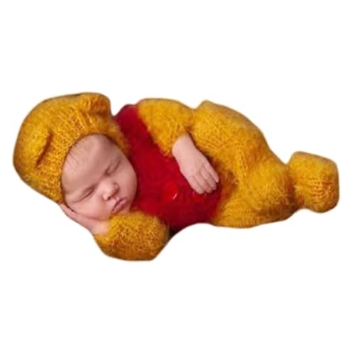 Vedory Newborn Photography Props Boys Mohair Bee Sleeved Stretch Hat Romper Baby Photo Props Outfits Hat Footed Bodysuit Photoshoot (Yellow) - Image 1