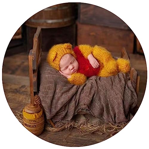 Vedory Newborn Photography Props Boys Mohair Bee Sleeved Stretch Hat Romper Baby Photo Props Outfits Hat Footed Bodysuit Photoshoot (Yellow) - Image 2
