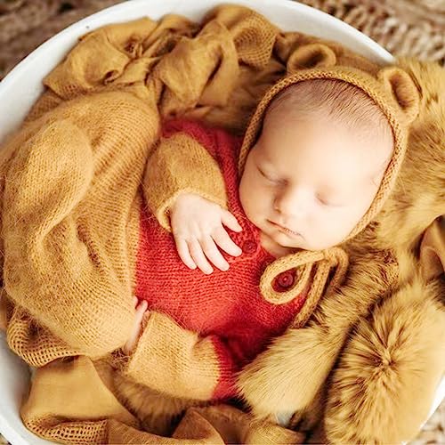 Vedory Newborn Photography Props Boys Mohair Bee Sleeved Stretch Hat Romper Baby Photo Props Outfits Hat Footed Bodysuit Photoshoot (Yellow) - Image 3