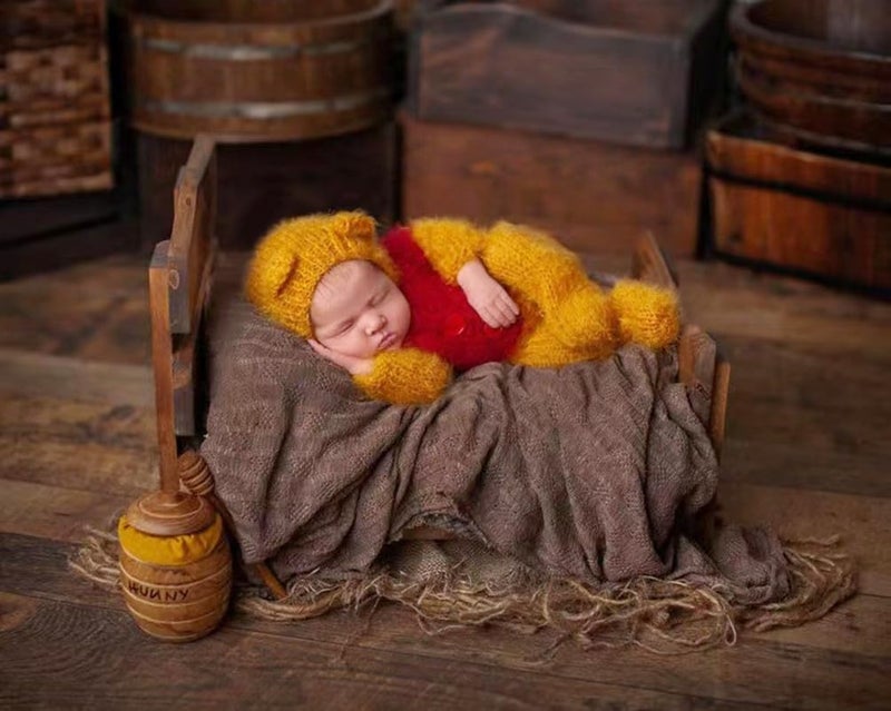 Vedory Newborn Photography Props Boys Mohair Bee Sleeved Stretch Hat Romper Baby Photo Props Outfits Hat Footed Bodysuit Photoshoot (Yellow) - Image 5