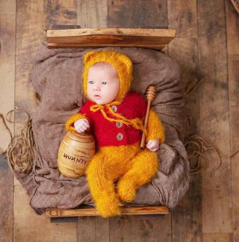 Vedory Newborn Photography Props Boys Mohair Bee Sleeved Stretch Hat Romper Baby Photo Props Outfits Hat Footed Bodysuit Photoshoot (Yellow) - Image 4