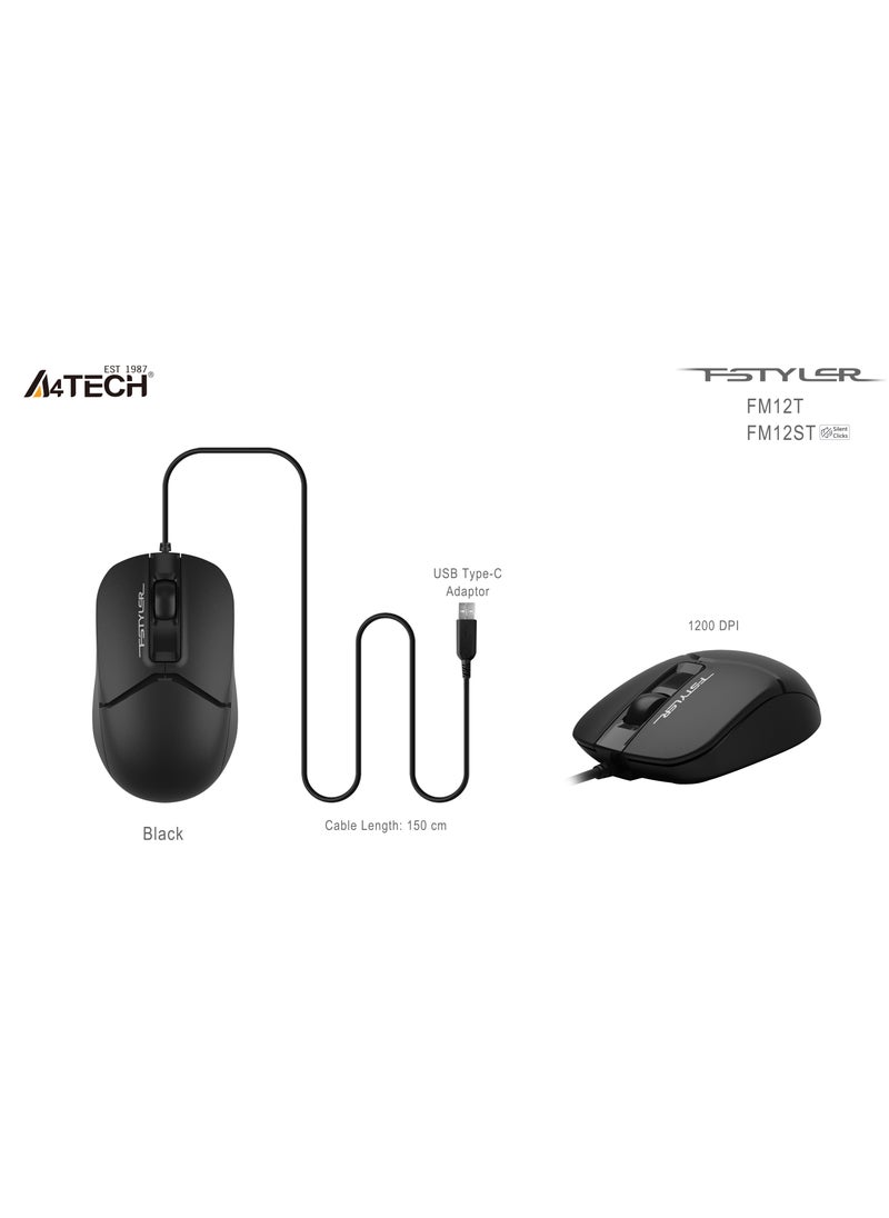 A4TECH Fstyler Silent Wired Mouse FM12ST, Dust-Resistant Wheel, Suitable for all device with USB-C and USB-A port, Black  - Image 3