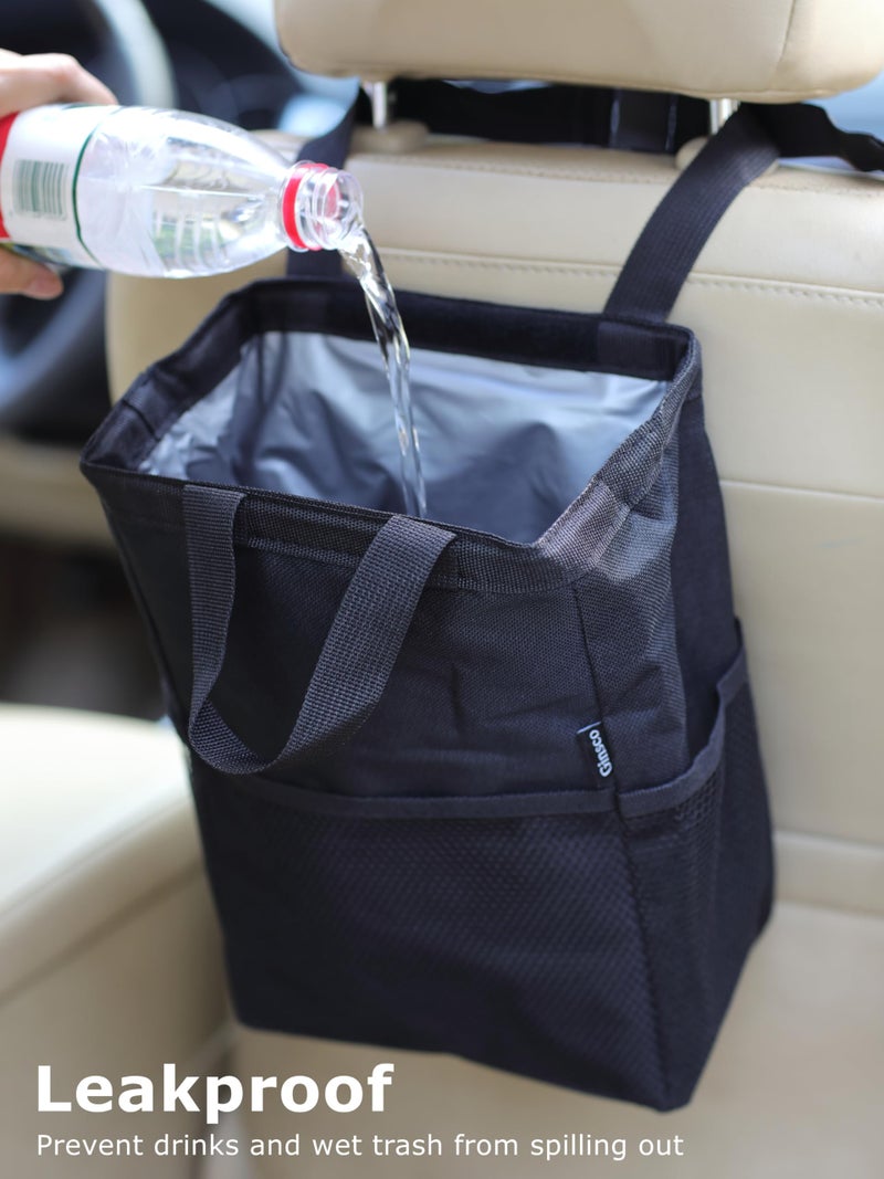 Ginsco New Leak-Proof Travel Trash Bag, Hanging Car Trash Can with Hook and Loop Lid and Handle, Multipurpose Trash Bin with Storage Pockets for Car SUV Truck RV Camping 2 Gallons, Black - Image 3