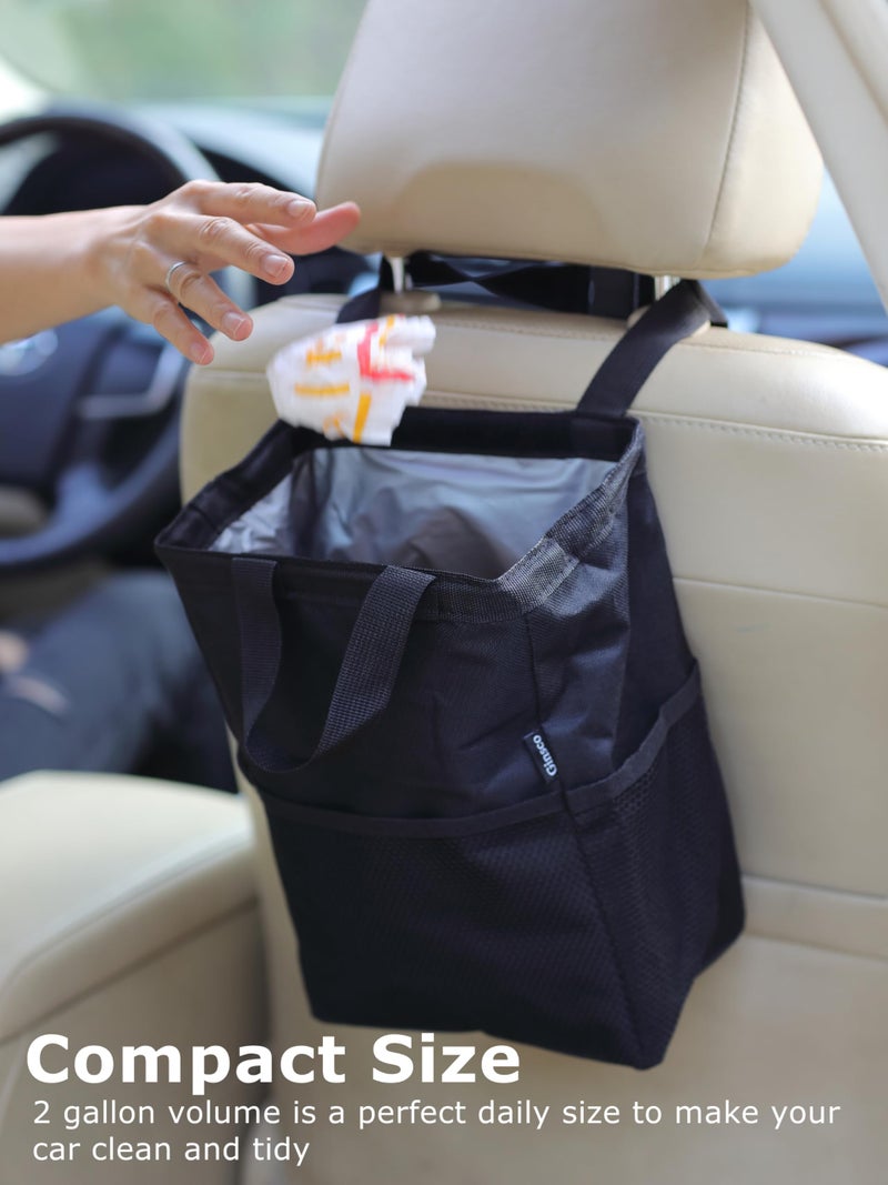 Ginsco New Leak-Proof Travel Trash Bag, Hanging Car Trash Can with Hook and Loop Lid and Handle, Multipurpose Trash Bin with Storage Pockets for Car SUV Truck RV Camping 2 Gallons, Black - Image 2