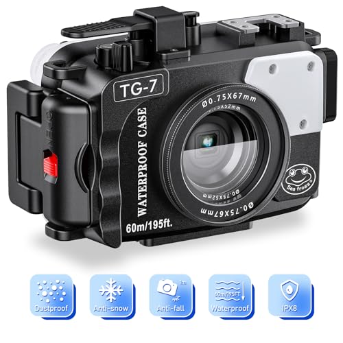 Starbea Seafrogs 60m/195ft Underwater Camera Housing for Olympus TG-7 – Waterproof Case with 52mm & 67mm Thread, Dual Fiber Optic Ports, Leak Detection, Stainless Steel Mounting Plate (TG-7-black) - Image 1