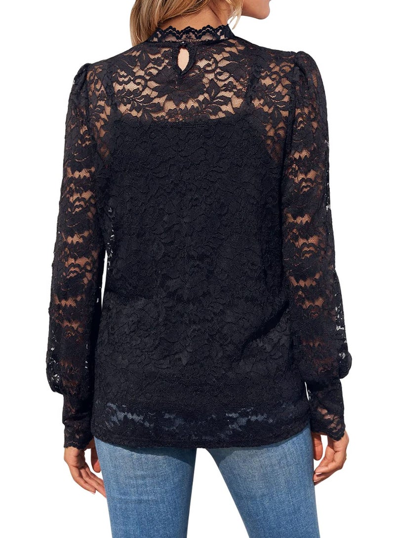 DOROSE Cute Tops for Women Trendy Sexy Casual Lace Long Sleeve Blouses Shirts Black XL - Image 2