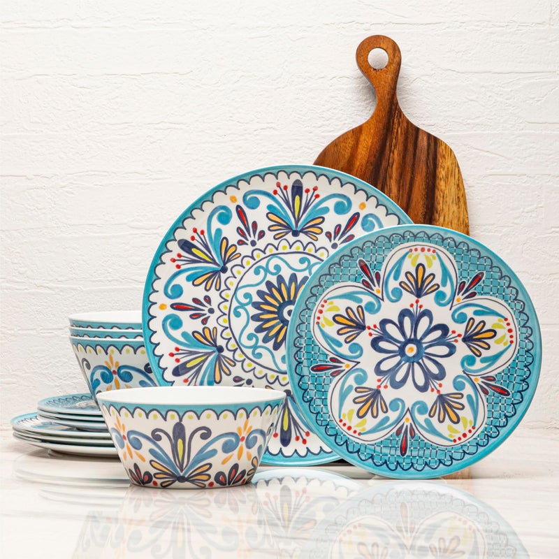 Bzyoo 12-Piece Melamine Dinnerware Set - Madallion | Lightweight, Durable, BPA-Free | Dishwasher Safe Dish Set for Indoor & Outdoor Use - Perfect for Camping, BBQs, Kids Parties - Image 1