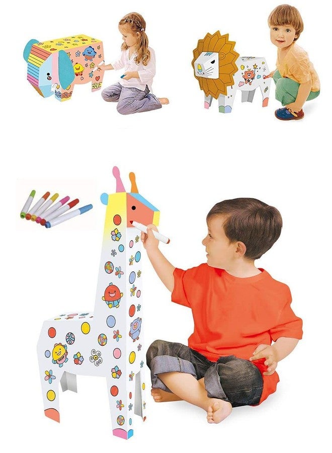 Crackles DIY 3D Paper Cardboard Folding Coloring Craft Animals Series- Pack of Thre Giraffe, Lion and Elephant - Image 1