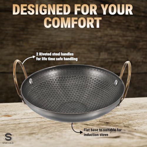 Snevad Honeycomb Non Stick Fry Pan Round Stainless Steel Kadai for Cooking & Deep Frying with Strong Handle Kadai Non Stick Rice Pot Best Frying Pan Wok Heavy Base Lokhandi Kitchen Induction Friendly - Image 5