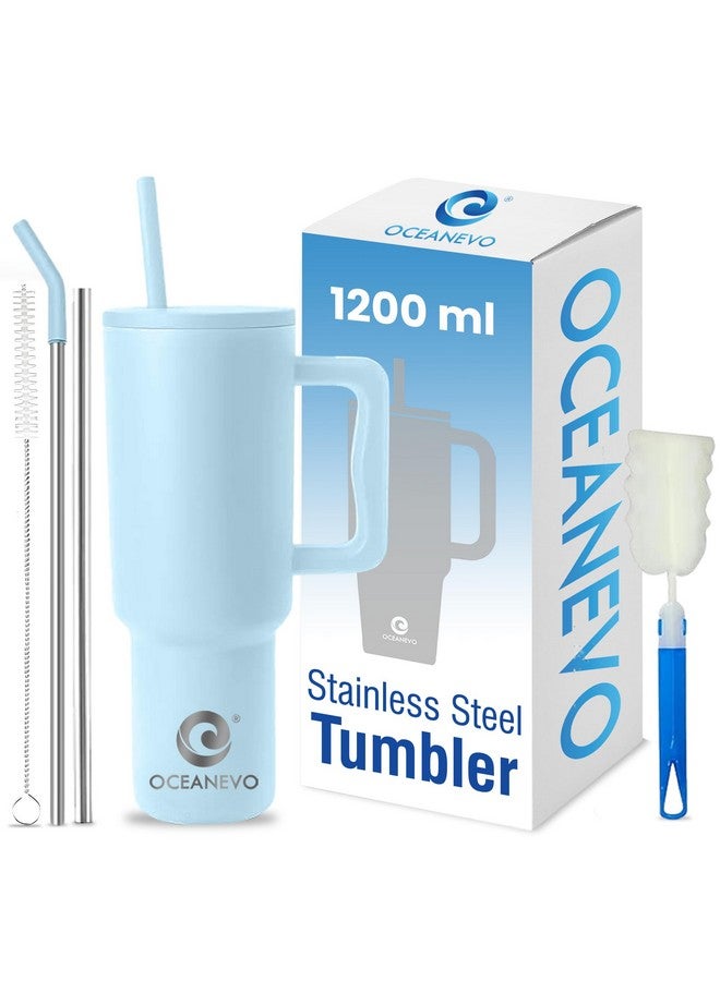 OCEANEVO كوب تامبلر من الفولاذ المقاوم للصدأ OCEANEVO سعة 1200 مل مع غطاء و 3 مصاصات، كوب معزول مزدوج مع مقبض للمشروبات الساخنة والباردة، كوب 100% مضاد للتسرب للمكتب، الصالة الرياضية، والسفر | أزرق ثلجي - Image 1