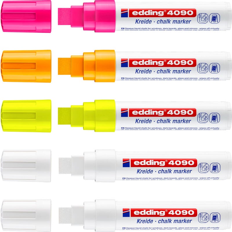 edding 4090 Set-2 White, 3 neon Colours Chisel Nib 4-15 mm-Wet Wipe chalkboards, Windows, Glass, Mirrors-Liquid Chalk Marker pens for Opaque Coverage, 5 Colors, 13: Set of 5-Multicoloured - Image 3