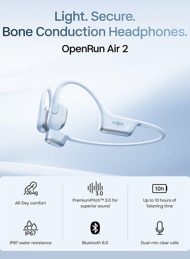 Shokz OpenRun Air 2 Open-Ear Bone Conduction Headphones, Lightweight, Secure Fit, Dual Wind-Resistant Mics, IP67, Bluetooth 6.0, 10H; Running and Cycling Ice Blue - Image 1