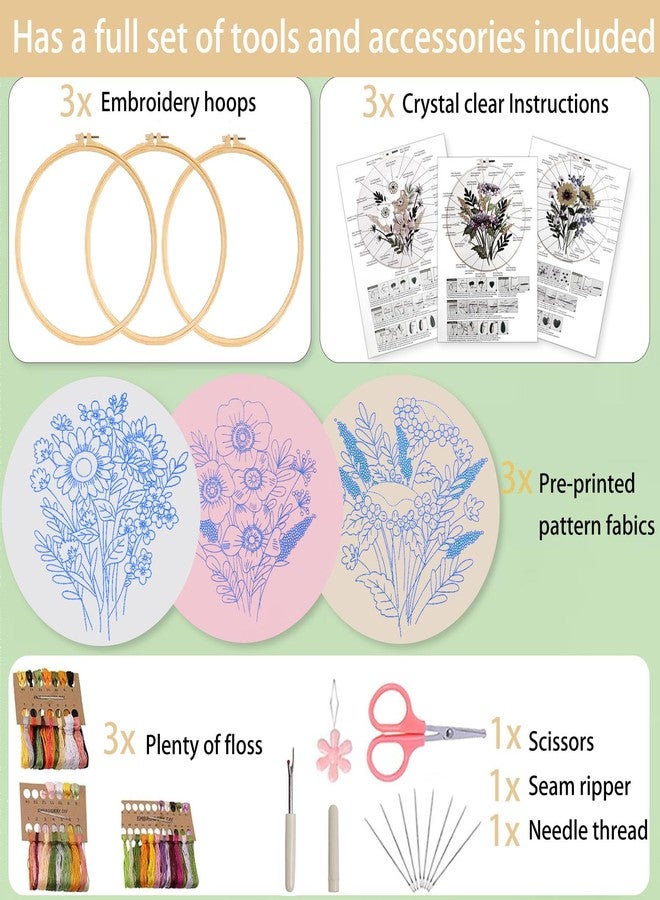 Ohcol 3 Sets Embroidery Kit for Beginners Cross Stitch Kits Needlepoint Kits Crafts for Adults with 3 Embroidery Hoops Easy-to-Follow Operating Instructions,Needle Point Kits with Flowers Patterns - Image 4