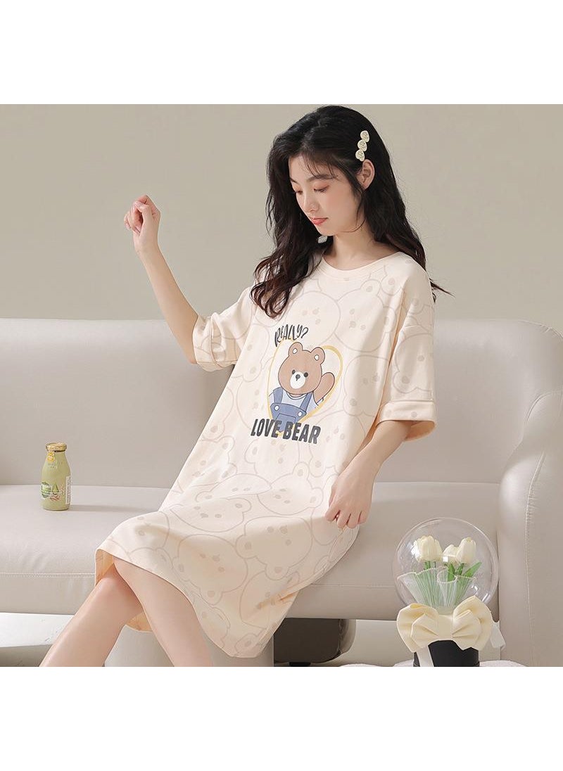 Generic - Summer New Womens Medium-length Casual Sleepwear Loose-fit Home Clothes Short Sleeves Cartoon Thin Style Outer Wear Love letter bear - Image 1