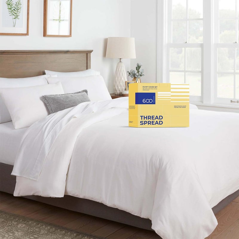 THREAD SPREAD King/California King Duvet Cover, 600 Thread Count Sateen 3Pc Egyptian Cotton Duvet Cover Set, 100% Pure Cotton Comforter Cover, 2 Pillow Shams, Zipper Closure, 7 Corner Ties - (White) - Image 1