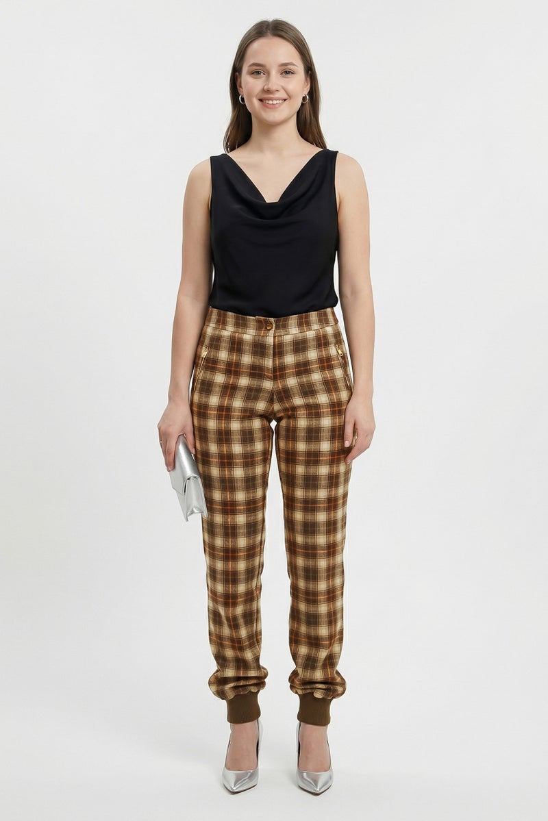 Harmont & Blaine Women Regular Fit Checkered Straight Leg Pants, Brown - Image 2