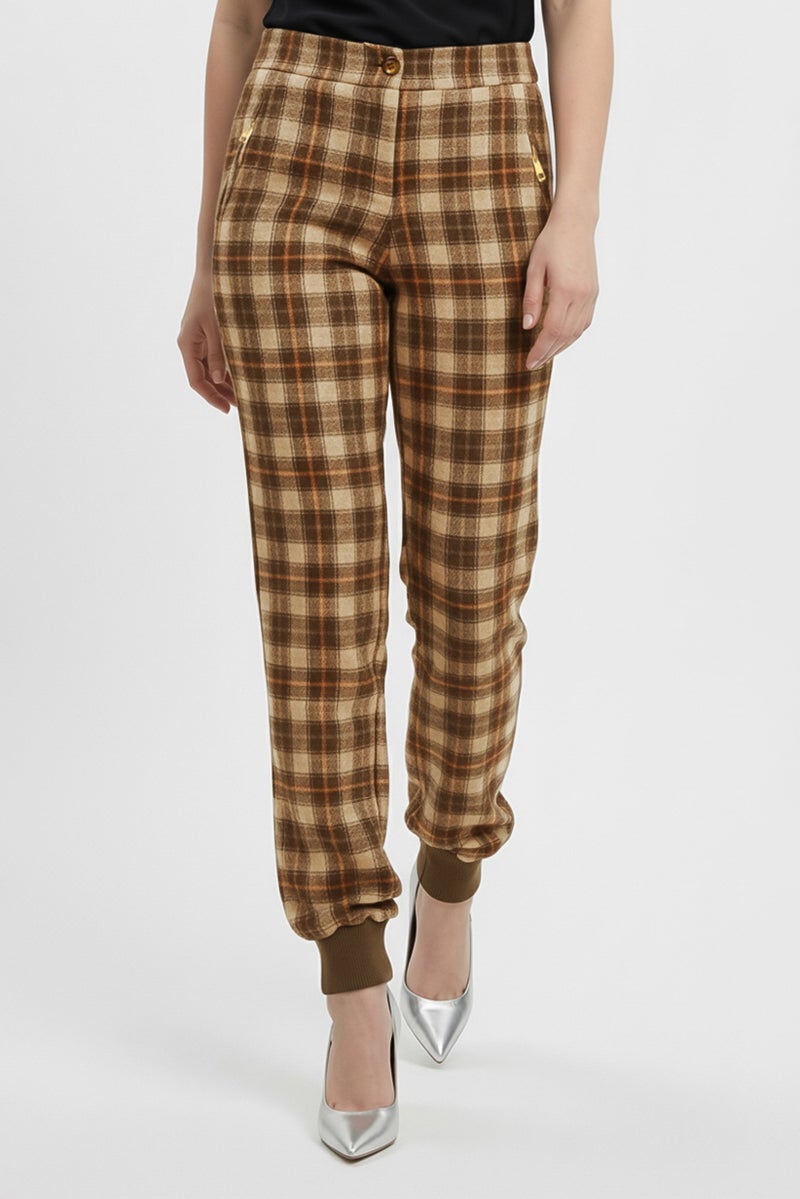 Harmont & Blaine Women Regular Fit Checkered Straight Leg Pants, Brown - Image 1