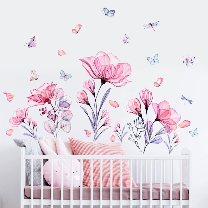 Prabahdak Pink Flowers Wall Decals Removable Butterflies Floral Flowerl Wall Stickers DIY Vinyl Self Adhesive Wall Mural for Nursery TV Background Kids Gilrs Rooms Bedroom Decoration - Image 1
