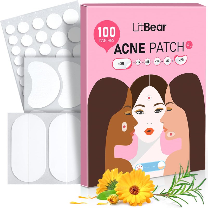 LitBear Large Acne Pimple Patches 6 Sizes 100 Patches for Large Breakouts Acne Patches for Face Chin or Body Acne Spot Treatment with Tea Tree  Calendula Oil Hydrocolloid Bandages for Acne Skin