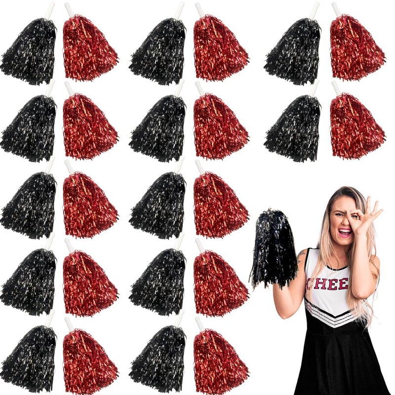 Lovecheer 24Pcs Black And Red Pom Poms Cheerleading Metallic Pom Poms With Handle Team Spirit Cheering For Party Dance Sports Girls Kids Adults