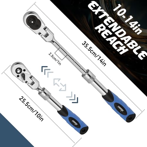 DISEN 3/8" Drive Extendable Ratchet,72-Tooth Flex-Head Ratchet Wrench with Quick Release Locking，Soft-Grip with Reversible Switch,Full-Polished Chrome Plating - Image 4