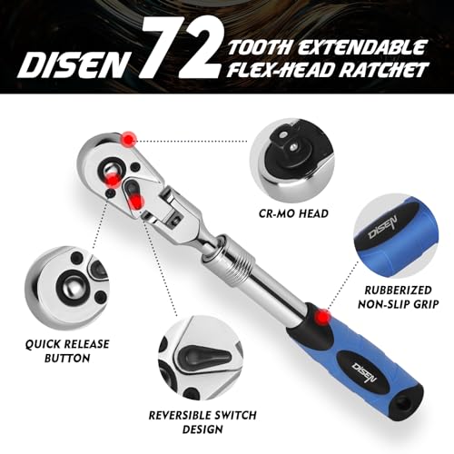 DISEN 3/8" Drive Extendable Ratchet,72-Tooth Flex-Head Ratchet Wrench with Quick Release Locking，Soft-Grip with Reversible Switch,Full-Polished Chrome Plating - Image 3