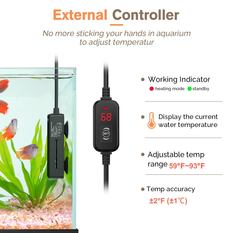 hygger Mini Fish Tank Submersible Heater 20W for 1-5 Gallons Desktop Betta Aquarium Heater with Digital Display Controller Adjustable Temperature - Image 2