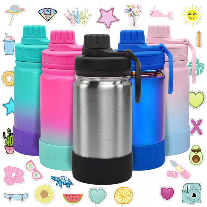 CHILLOUT LIFE 12 oz Kids Insulated Water Bottle for School with Leakproof Spout Lid and Cute Waterproof Stickers Personalized Stainless Steel Thermos Flask Metal Water Bottle for Girls  Boys
