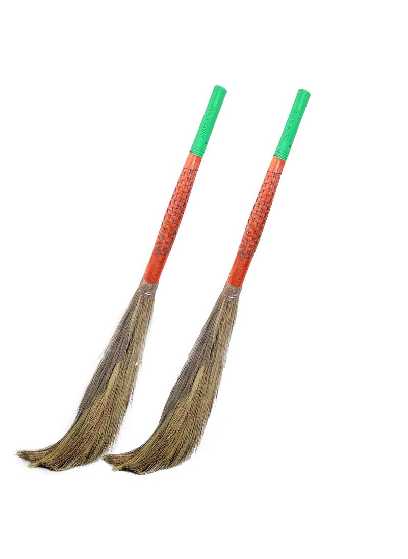 CHAND SURAJ CHAND SURAJ Grass Broom with Hand Weaved Long Handle for Home Cleaning Ghar Ki Safai Ke Liye Phool Jhadu Cleans All Type of Floors Multicolor Pack of2  - Image 1