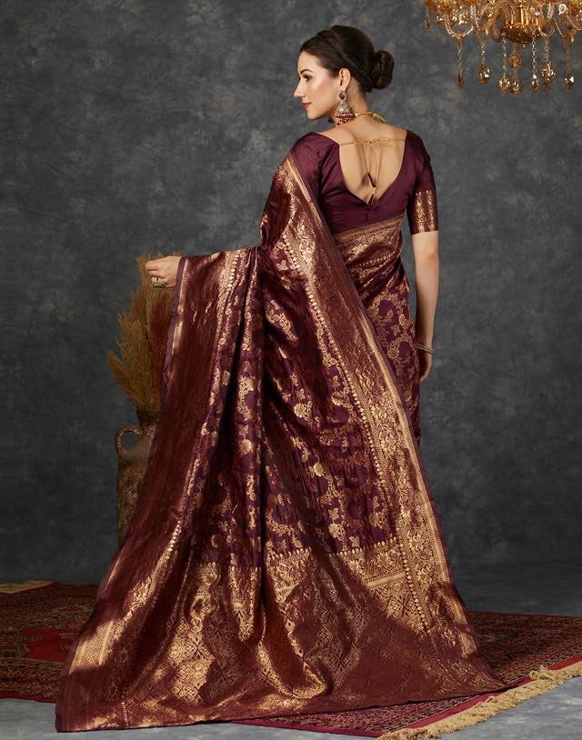SIRIL ساري سيريل للنساء من حرير باناراسي | ساري من حرير جاكار مع قطعة بلوزة غير مخيطة (3662S392A_Maroon) - Image 3
