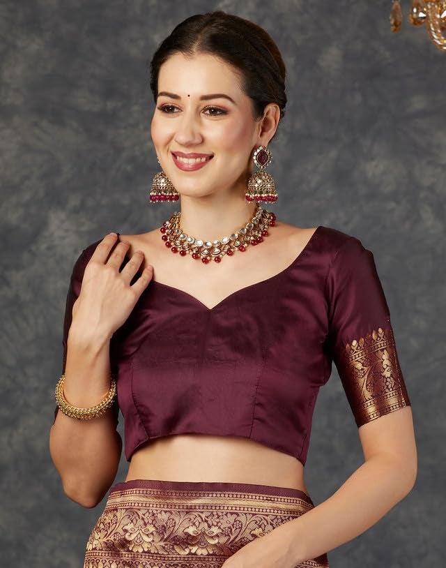 SIRIL ساري سيريل للنساء من حرير باناراسي | ساري من حرير جاكار مع قطعة بلوزة غير مخيطة (3662S392A_Maroon) - Image 5