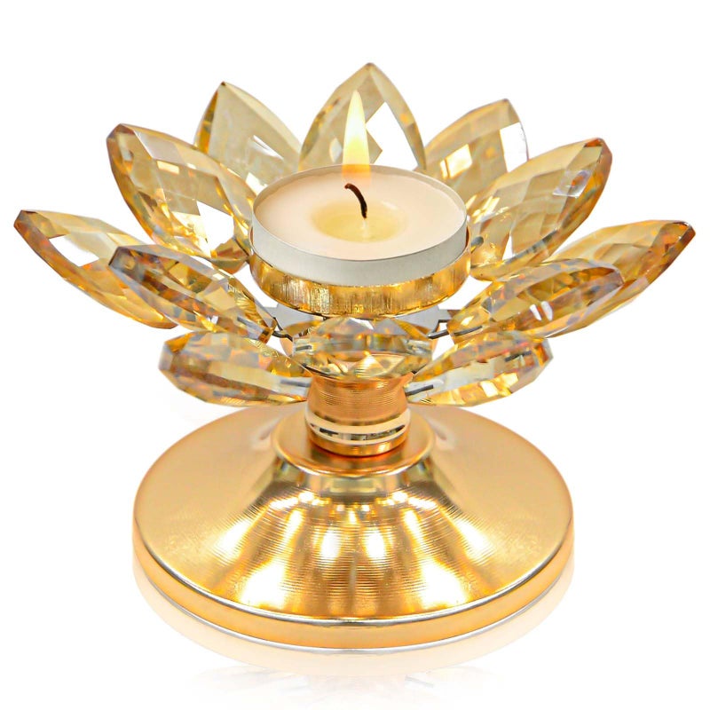 kehail 1 PC Gold Crystal Flower Tea Light Holder, Glass Tealight Candlestick with Metal Base, Votive Candle for Table Centerpiece, Wedding/Parties Decor, Nice Gift - Image 1