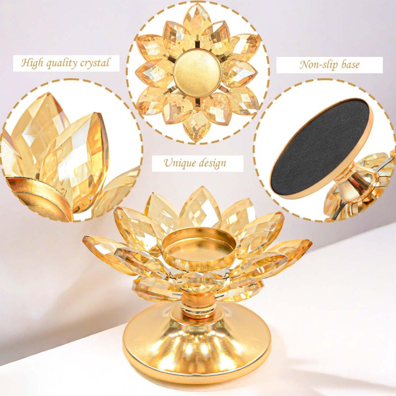kehail 1 PC Gold Crystal Flower Tea Light Holder, Glass Tealight Candlestick with Metal Base, Votive Candle for Table Centerpiece, Wedding/Parties Decor, Nice Gift - Image 2