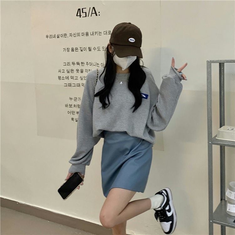 Waffle Sweatshirt Womens Spring and Autumn 2024 New Loose Mid-length Student Slimming Long-sleeved Top Pullover Coat Black - Image 2