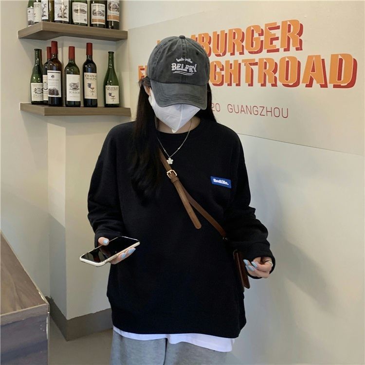 Waffle Sweatshirt Womens Spring and Autumn 2024 New Loose Mid-length Student Slimming Long-sleeved Top Pullover Coat Black - Image 1