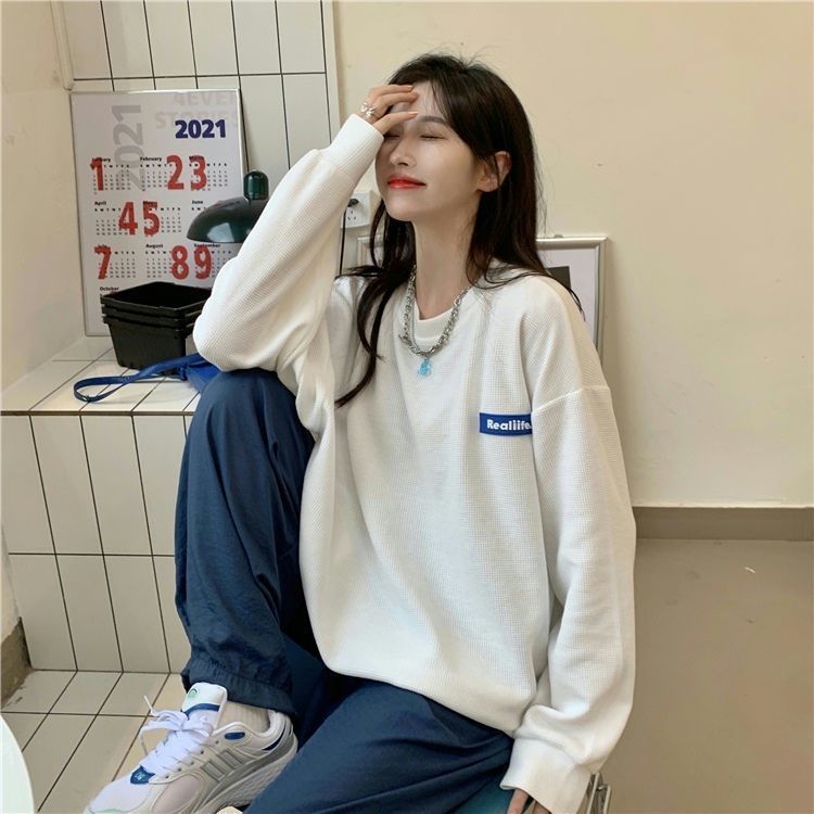 Waffle Sweatshirt Womens Spring and Autumn 2024 New Loose Mid-length Student Slimming Long-sleeved Top Pullover Coat Black - Image 3