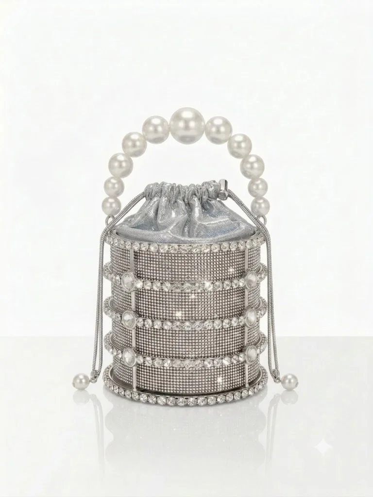 Viny Crystal Cage Bucket Bag – Pearl Beaded Handle