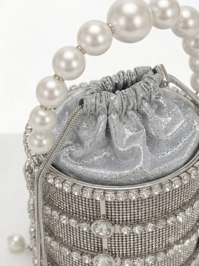 Viny silver Viny Crystal Cage Bucket Bag – Pearl Beaded Handle for Women | Best Price UAE