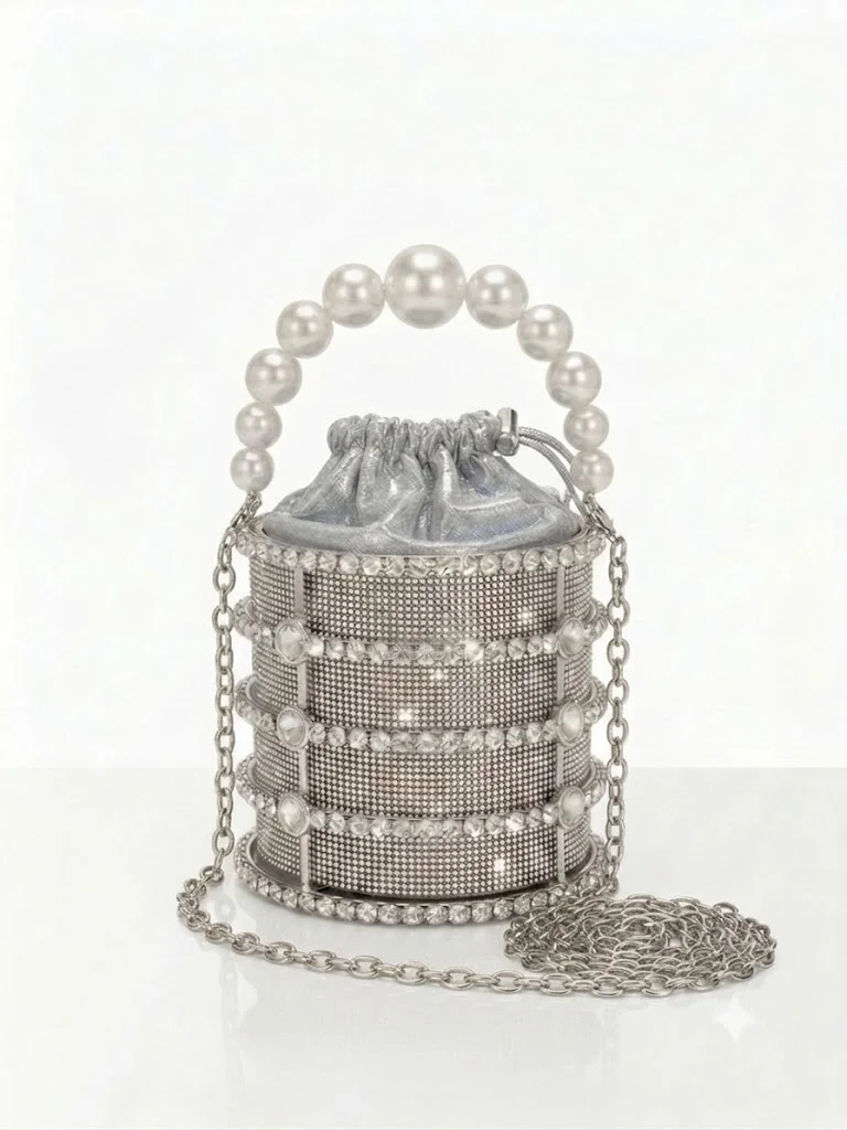 Viny silver Viny Crystal Cage Bucket Bag – Pearl Beaded Handle for Women | Best Price UAE