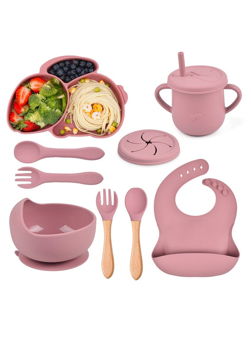 Joyelink Silicone Baby Feeding Set, 8 Pcs Baby Led Weaning Supplies with Rabbit Suction Plates, Toddler Bowls Forks and Spoons Bib Cup - Image 1