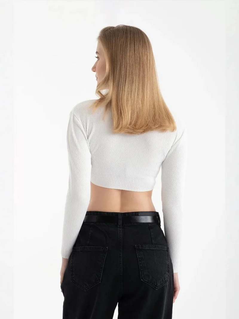HICCUP Round Neck Knitted Ribbed Long Sleeve Crop Top