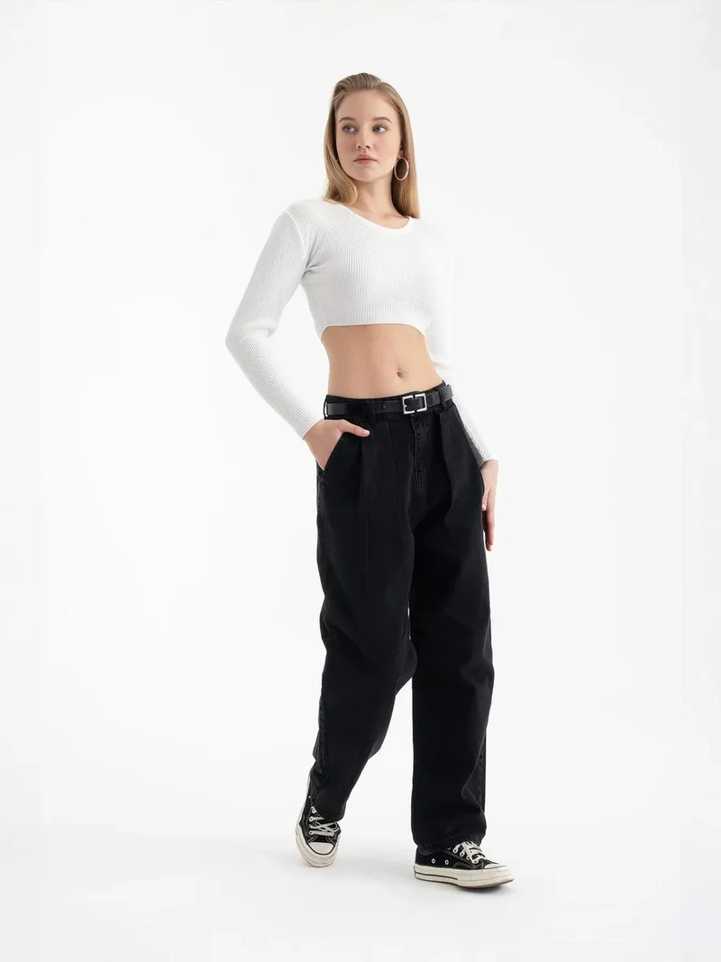 Hiccup Dusty White Round Neck Knitted Ribbed Long Sleeve Crop Top for Women | Best Price UAE