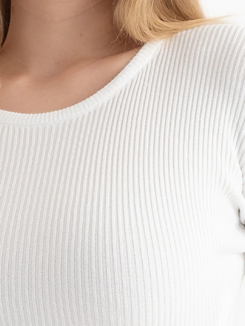Hiccup Dusty White Round Neck Knitted Ribbed Long Sleeve Crop Top for Women | Best Price UAE