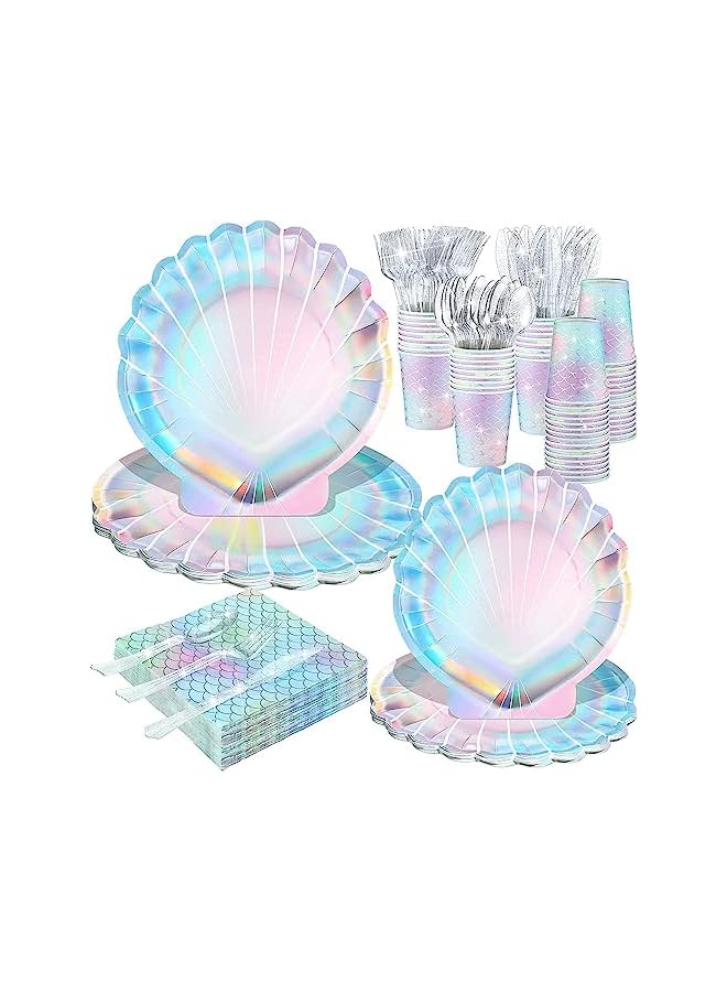 Goodern 144 PCS Mermaid Party Supplies Set,Kids Birthday Party Tableware Mermaids Party Decor with Plate Napkin/Cup/Plate/Fork Etc,Birthday/Wedding Party Set Ocean-Themed Disposable Dinnerware Set - Image 2