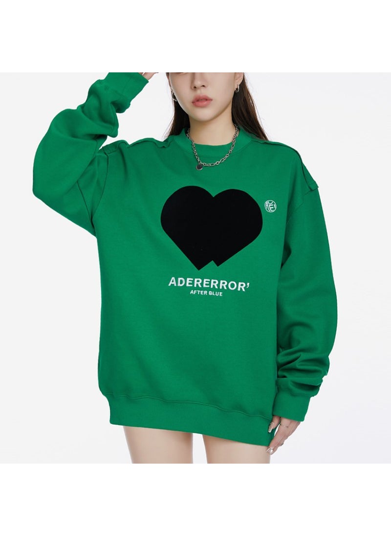 Generic - round Neck Oversized Sweatshirt Embroidered Love Heart Unisex Comfortable Long Sleeve Casual Style Digital Printing Cotton Fabric Green - Image 1