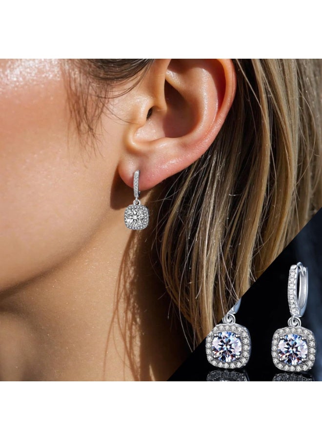 أقراط نسائية من الموسانيت المُدلاة. مرصعة بأحجار موسانيت مزروعة في المختبر بوزن قيراط واحد. مصنوعة من الفضة الإسترلينية عيار 925، مطلية بذهب أبيض عيار 18 قيراطًا. أقراط فضية مرصعة. هدية مجوهرات. - Image 2